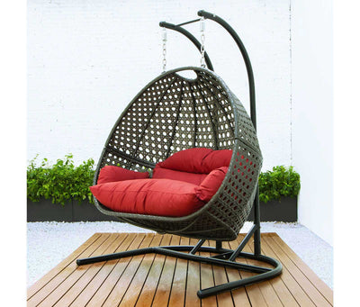 Dark-Red LeisureMod Charcoal Wicker Hanging Double Egg Swing Chair