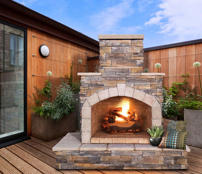 Cal Flame FRP-908-3 Outdoor Fireplace Propane Gas Hearth Cultured Stone Scene 1