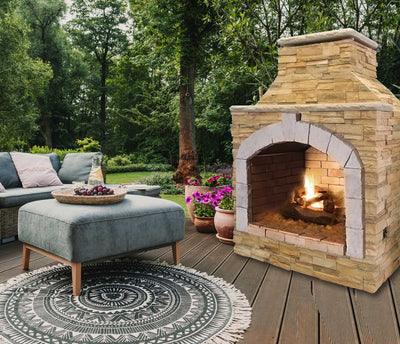 Cal Flame FRP-909-1 Outdoor Fireplace Propane Gas Hearth Cultured Stone Scene
