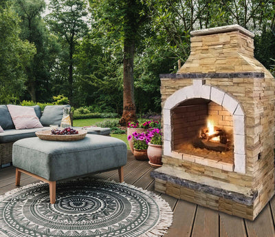 Cal Flame FRP-909-2 Outdoor Fireplace Propane Gas Hearth Cultured Stone Scene