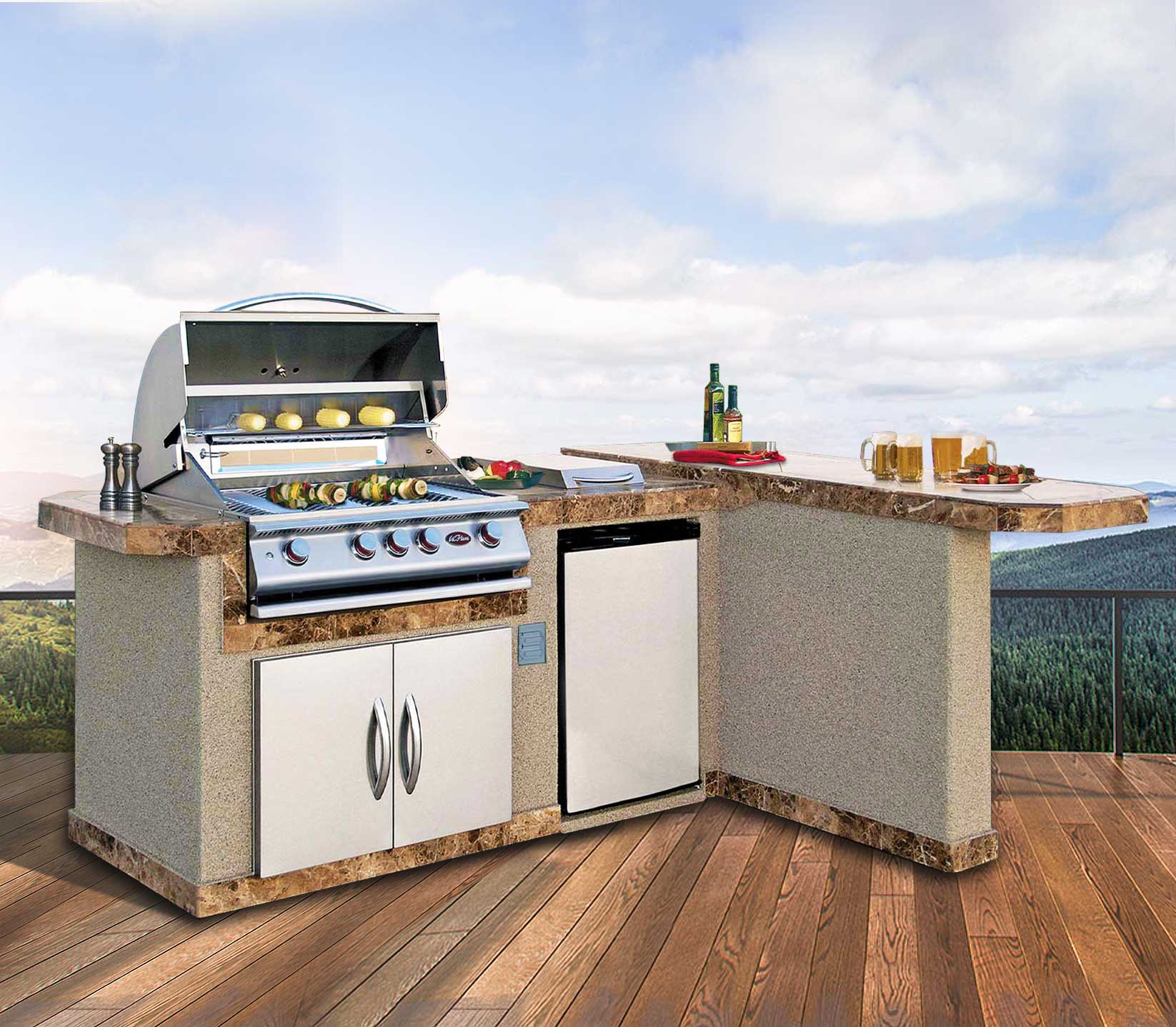 8 ft. L-Shaped BBQ Island with P4 Grill and Refrigerator by Cal Flame -  LBK820 (Customizable Outdoor Kitchen)