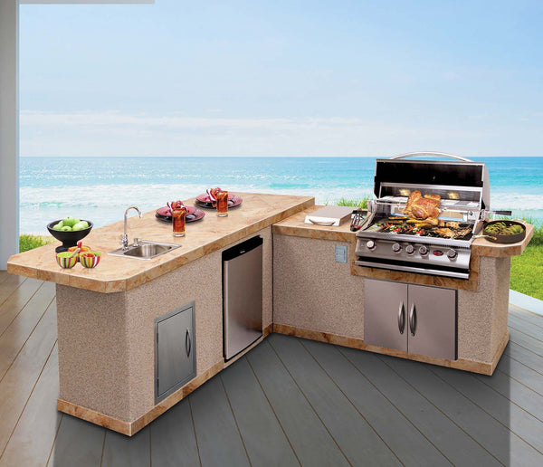 9 ft. L-Shaped BBQ Island with P4 Grill, Refrigerator, Sink and Storag ...