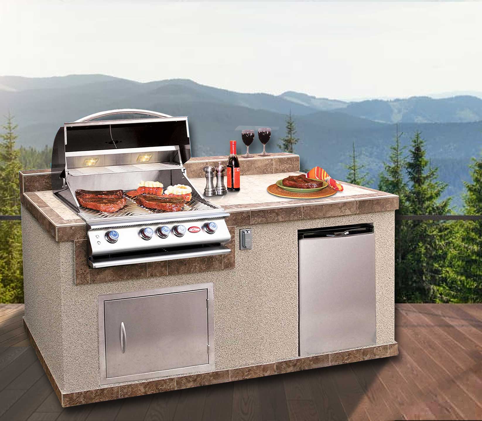 9 ft. L-Shaped BBQ Island with P4 Grill, Refrigerator, Sink and Storag -  Backyard Sprawl