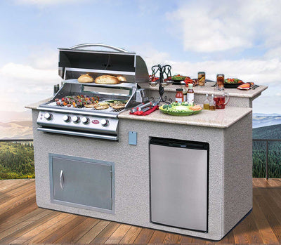 Cal Flame PV6016 Outdoor Kitchen BBQ Island P4 with Refrigerator and Grill Scene
