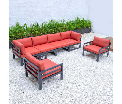 Red LeisureMod Chelsea 6 Piece Patio Armchair Sectional Black Aluminum With Cushions