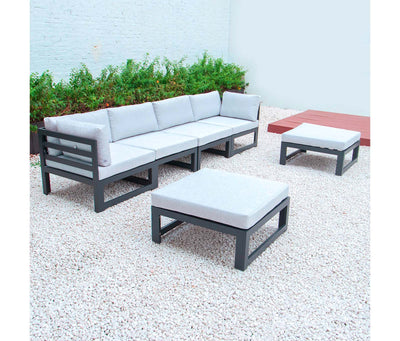 Light-Gray LeisureMod Chelsea 6-Piece Patio Ottoman Sectional Black Aluminum With Cushions
