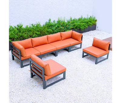 Orange LeisureMod Chelsea 6 Piece Patio Sectional Black Aluminum With Cushions