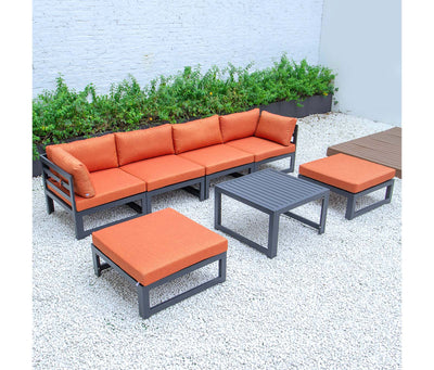 Orange LeisureMod Chelsea 7-Piece Patio Ottoman Sectional And Coffee Table Set Black Aluminum With Cushions