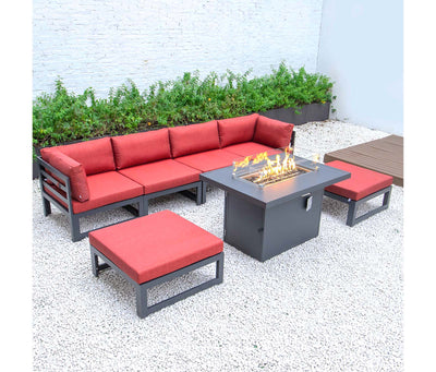 Red LeisureMod Chelsea 7-Piece Patio Ottoman Sectional And Fire Pit Table Black Aluminum With Cushions