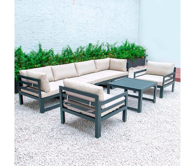 Beige LeisureMod Chelsea 7-Piece Patio Sectional And Coffee Table Set Black Aluminum With Cushions