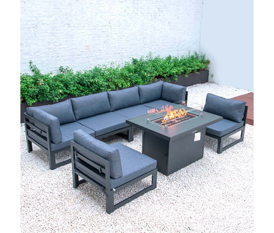 Blue LeisureMod Chelsea 7-Piece Patio Sectional And Fire Pit Table Black Aluminum With Cushions