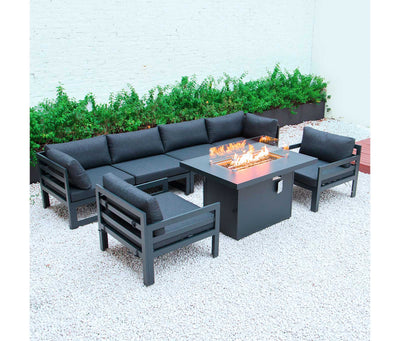 Black LeisureMod Chelsea 7-Piece Patio Sectional Armchairs And Fire Pit Table Black Aluminum With Cushions