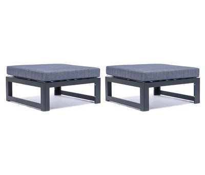 Blue LeisureMod Chelsea Outdoor Patio Black Aluminum Ottomans With Cushions Set Of 2