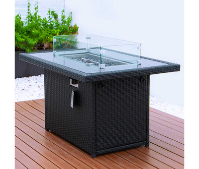 Black LeisureMod Mace Wicker Patio Modern Black Propane Fire Pit Table