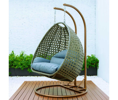 Charcoal-Blue LeisureMod Modern Beige Wicker Hanging 2 person Egg Swing Chair