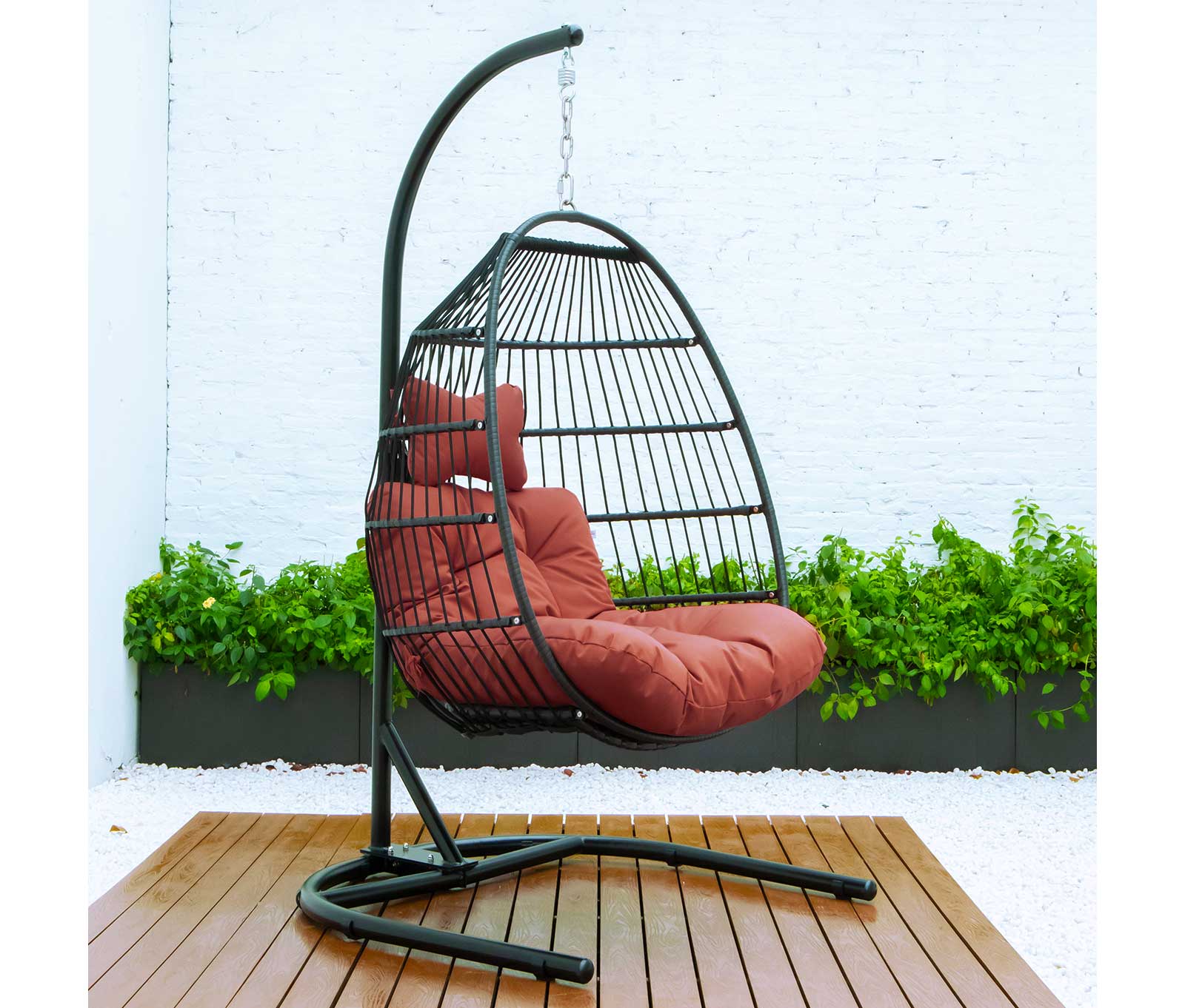 LeisureMod Wicker 2 Person Hanging Egg Swing Chair With Cushion Indoor  Outdoor Use in Charcoal Blue 