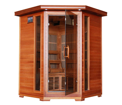Hudson Bay 3-Person Cedar Corner Infrared Indoor Sauna w/ 7 Carbon Heaters