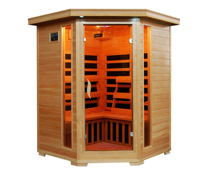Santa Fe 3-Person Hemlock Corner Infrared Indoor Sauna w/ 7 Carbon Heaters